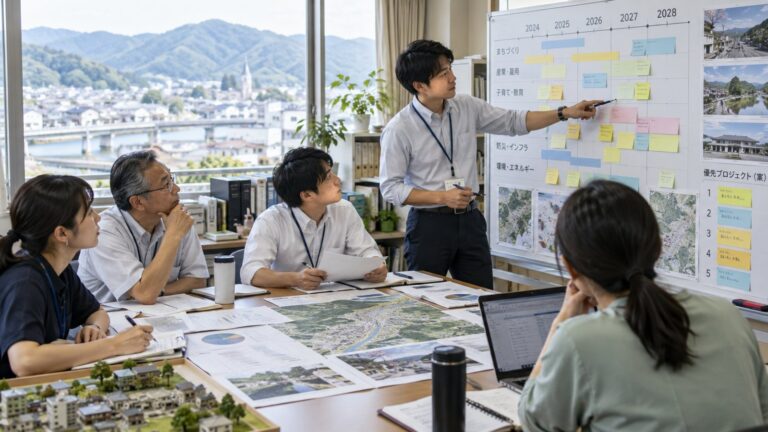 総合計画から実行計画を検討する場面を表したAI生成イメージ